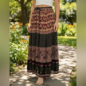 Indian floral boho mixed print maxi skirt black pink free size